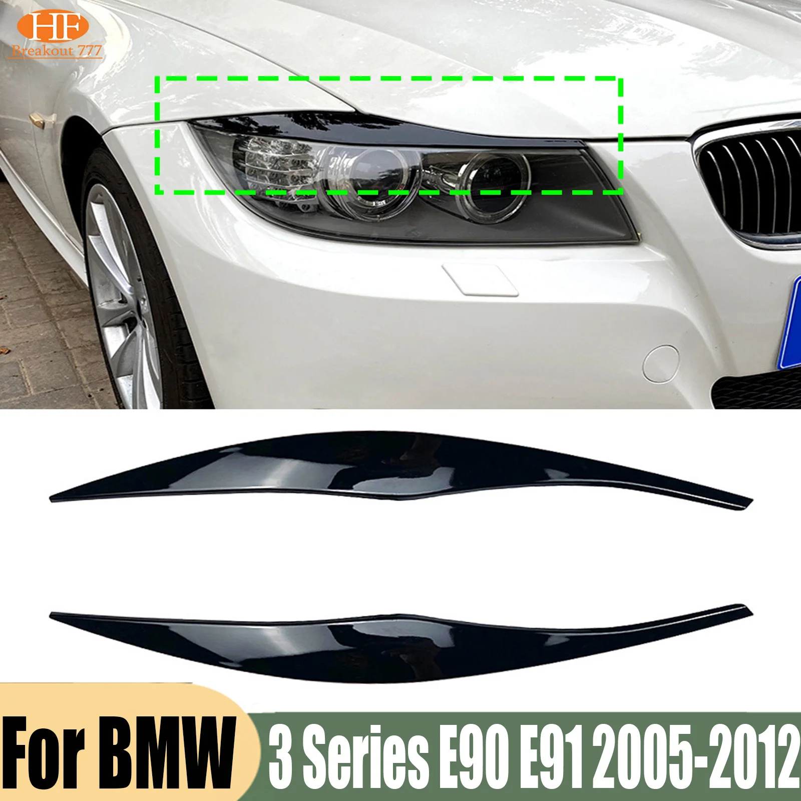 2Pcs Car Headlight Lamp Eyebrows Cover Trim Stickers Gloss Black Car Eyelids Lids ABS Carbon For BMW 3 Series E90 E91 2005-2012