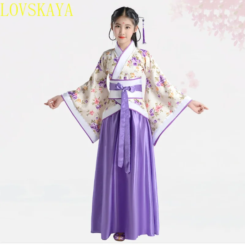 Girl Embroidery Traditional Chinese Skirt + Kimono Top Blue Lavender Pink Red Children Hanfu Chineses Elegent Hanfu Dress Kids