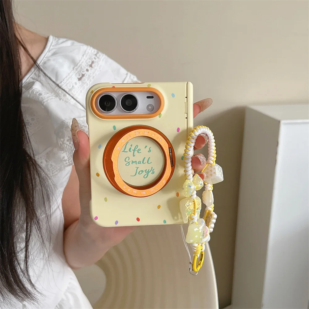 Korean Cute Dots Letters Folding Phone Case For iPhone Duo With 360° Magnetic Stand Chain Shockproof cases For Magsafe Funda