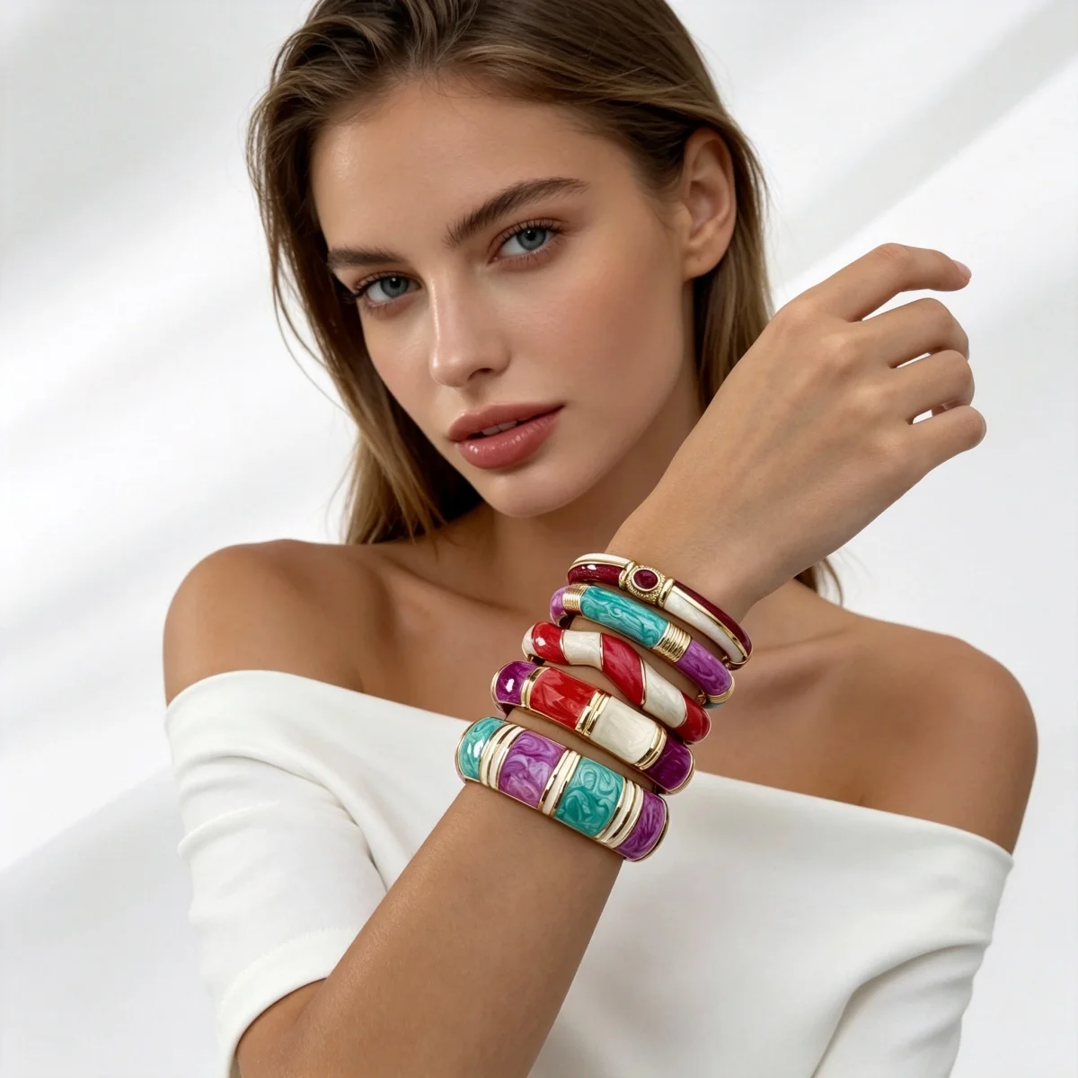 Kreative Y2K Mehrfarbige Emaille-Manschettenarmbänder für Damen und Herren, Vintage Gedrehter Block-Bambus-Verbindung Geometrischer Gestapelter Armreif Schmuck – Detail 16