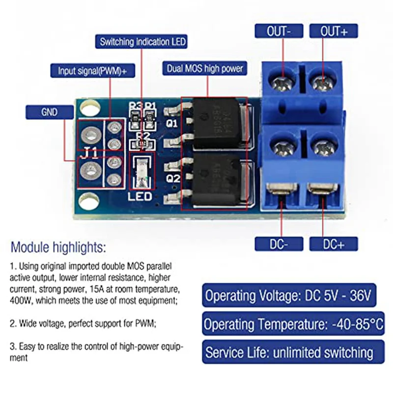 Módulo de movimentação do interruptor do MOSFET do controlador da velocidade do motor, poder superior duplo, 0-20KHz, PWM, C. C. 5V-36V, 15A, 30A máximo, 400W, 30 PCes