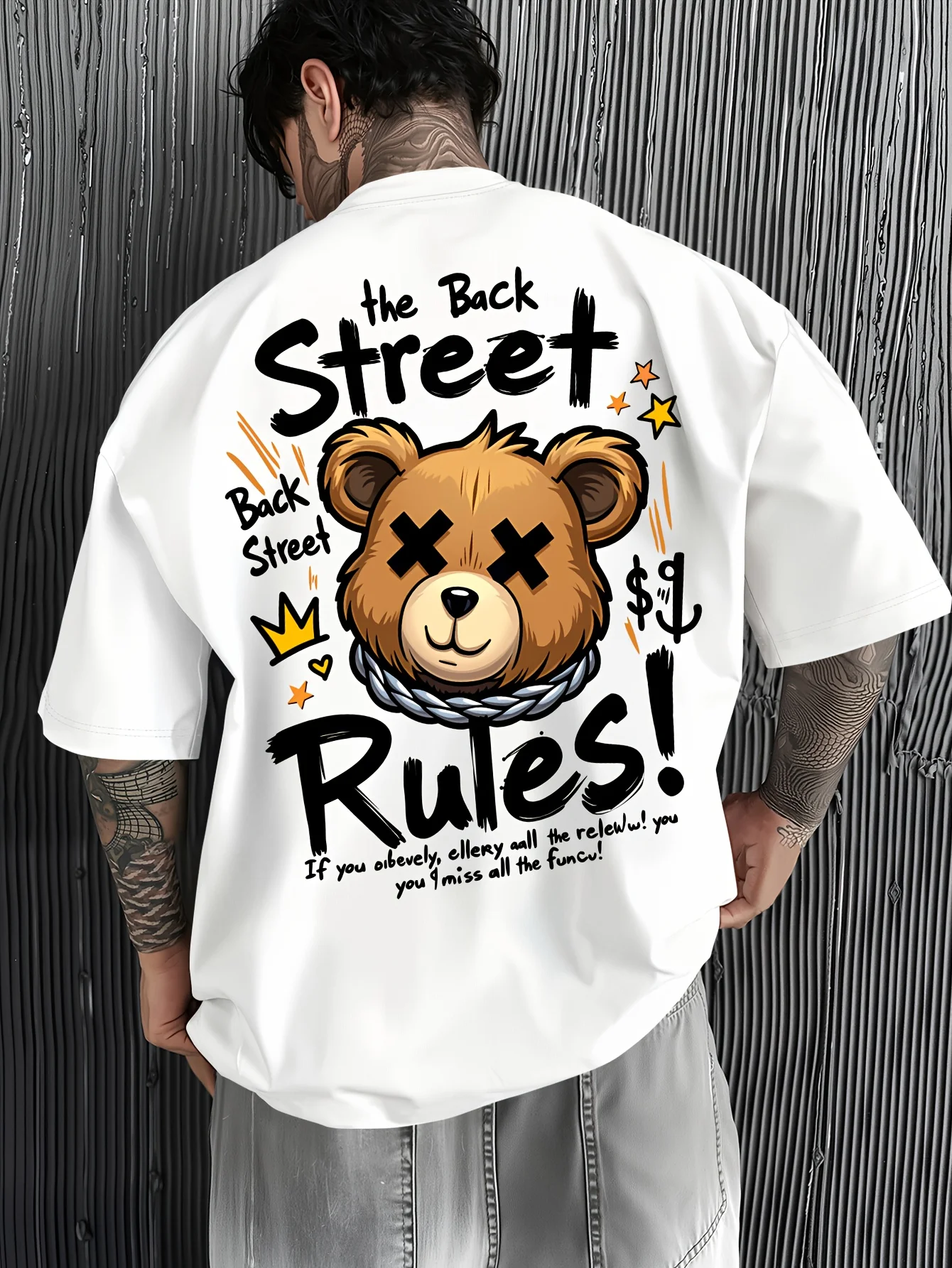 Men's Dark Green Street Style T-shirt with Back Print Loose Fit Summer Casual Tee
