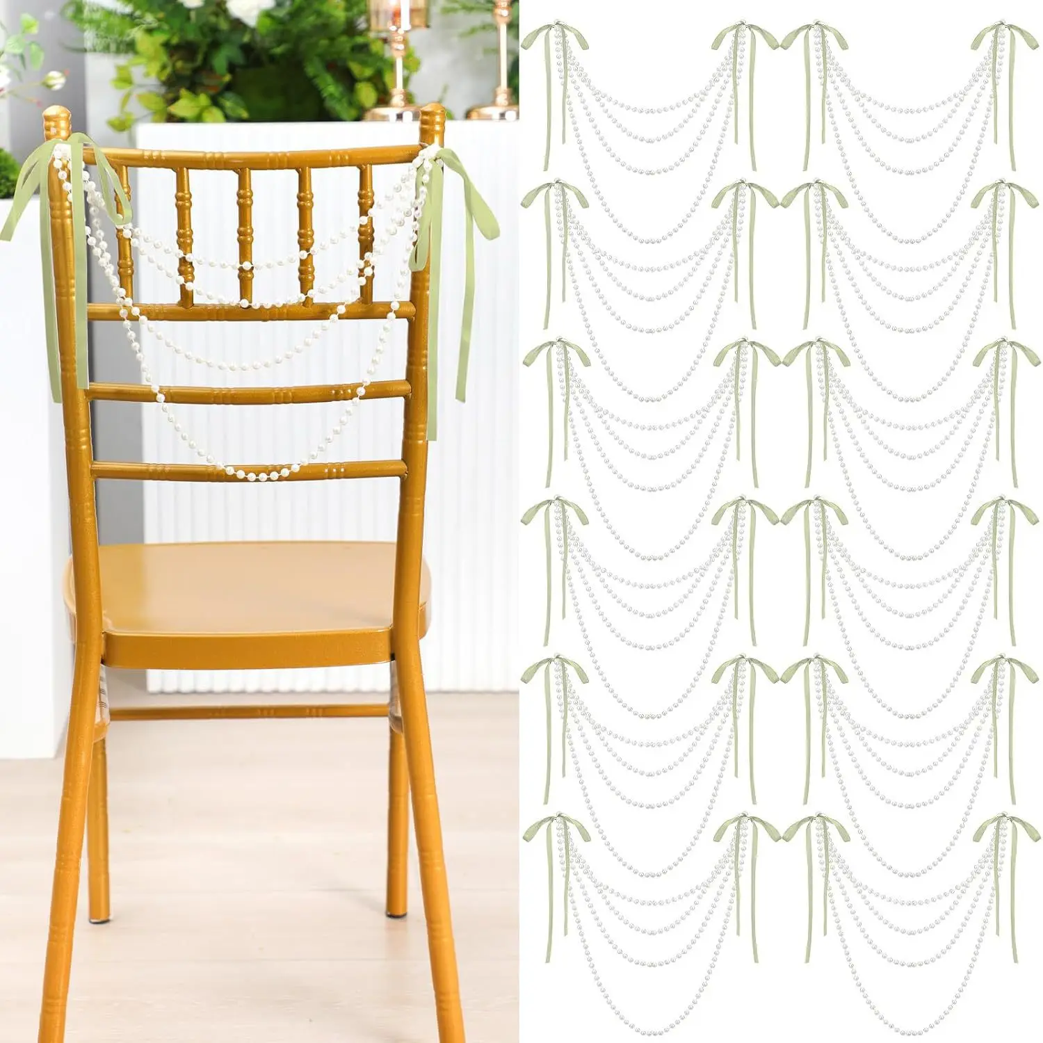 

Wedding Pearl Bow Chair Decor Satin Ribbon Bows with Pearl Beaded String Garland Aisle Chair Sashes Decor for Party