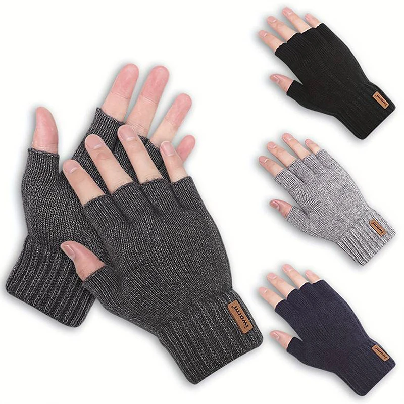 Knitted Thick Thermal Half Finger Gloves Women Men Winter Outdoor Driving Fingerless Glove Touchscreen