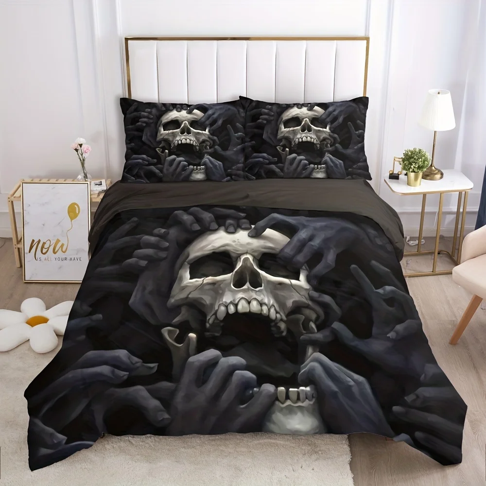 

2/3pcs 3D Skull Printed Duvet Cover Set (1 Duvet Cover + 1/2 Pillowcase), Soft Cozy Anime Bedding Set For Bedroom & Guest Room