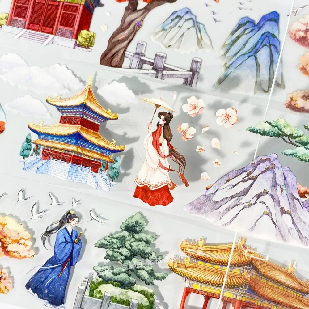 Ancient Style Washi Tape, Autumn Charm of Imperial Pavilion, Palace Figure, PET Material, DIY Journaling Scrapbooking Sticker