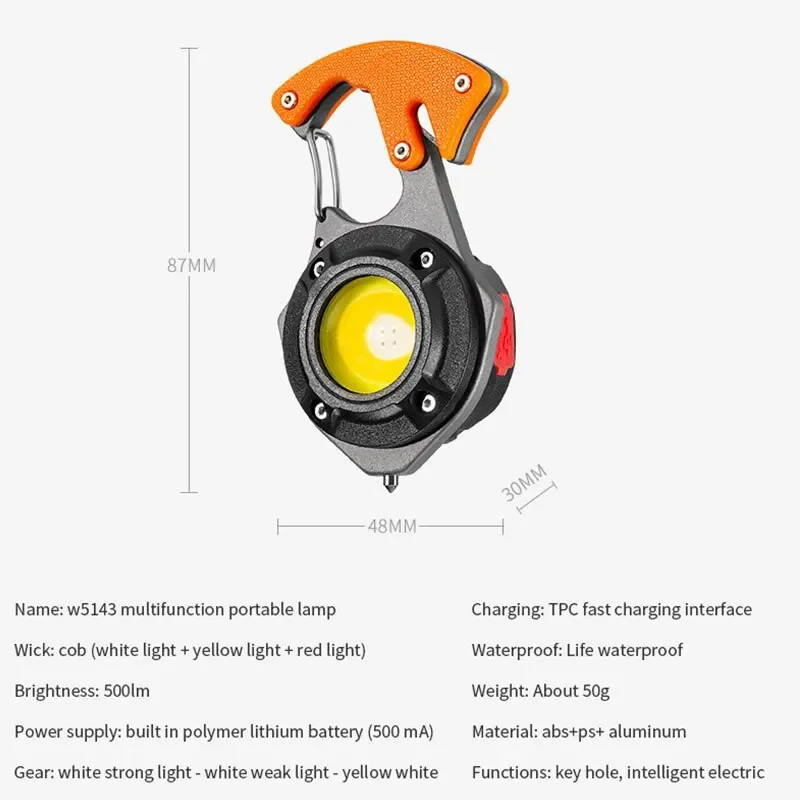 Mini COB Portable Keychain Flashlight 7 Lighting Modes Emergency Lamp with Screwdriver Window Breaking Hammer Seat Belt Cutter