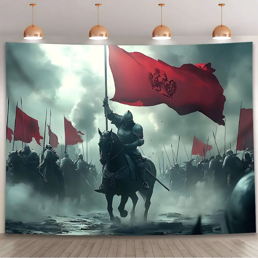 Medieval Knight with Flag Tapestry - Perfect for Adding Historical and Dramatic Style to Any Room Decor, Ideal for Home Use