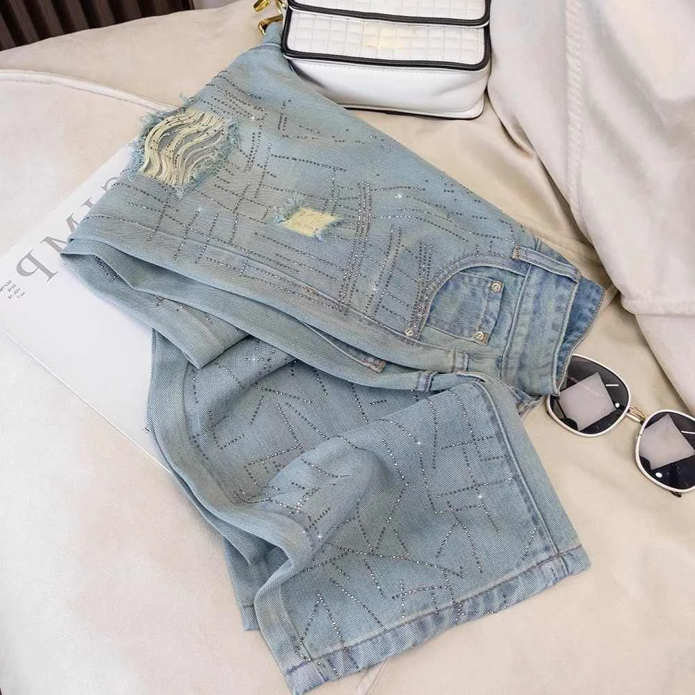 

Ретро свободные джинсы с высокой талией и рваными дырками для женщин, мода 2025 года, широкие джинсовые брюки с горячим тиснением и бриллиантами, женские полные брюки