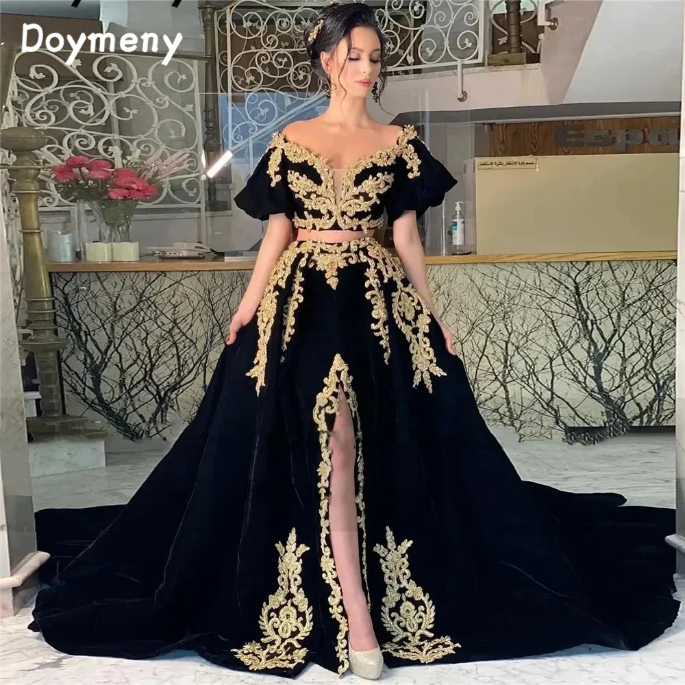 

Doymeny Short Puff Sleeves Lace Appliques A-Line Velvet Prom Dress Evening Dress High Slit Long Train Kafeta Party Gowns