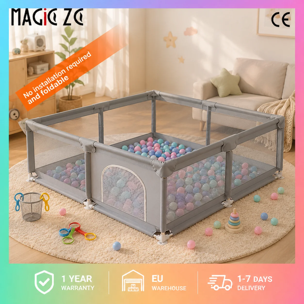 Box per bambini grande con pareti in rete traspirante, centro attività pieghevole per neonati con sponda di sicurezza, recinzione per neonati in
