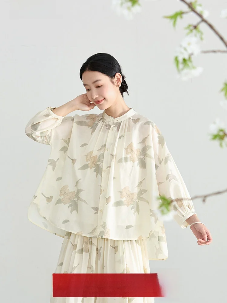 

Shangyi Original Design Silk Cotton Blend Printed Top Lightweight Sun Protection Women's Fashion Summer Shirt Floral Bird Pat...