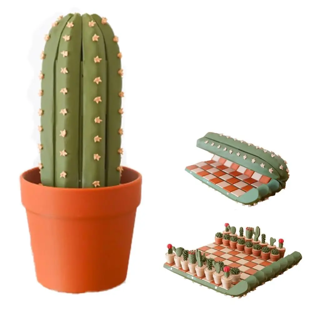 

Roll-Up Chess Set: Cactus-Themed 3D Printed Pieces with Textured Board for Stable Play - Portable Design in a Flower Pot
