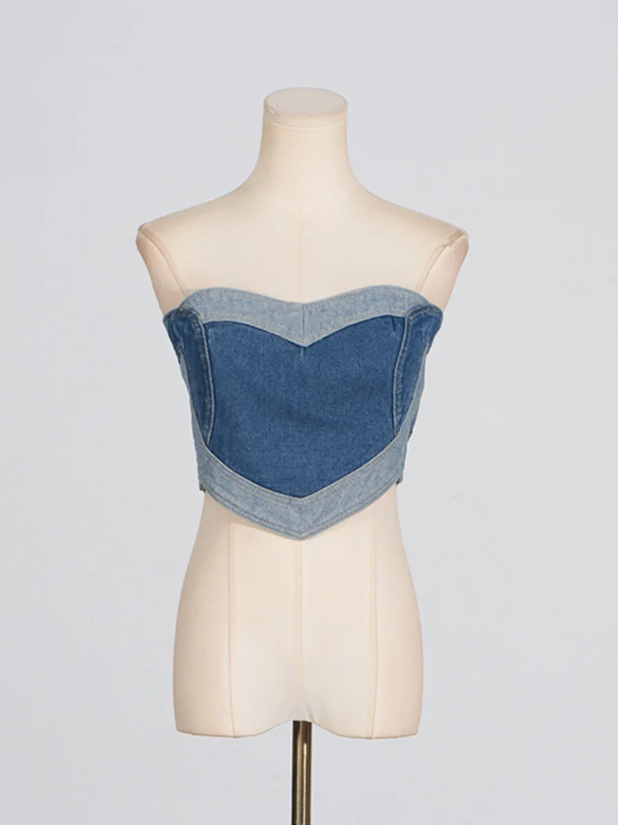 Women's Strapless Denim Blouse Blue Heart-Shaped Patchwork Fashionable Alluring Top