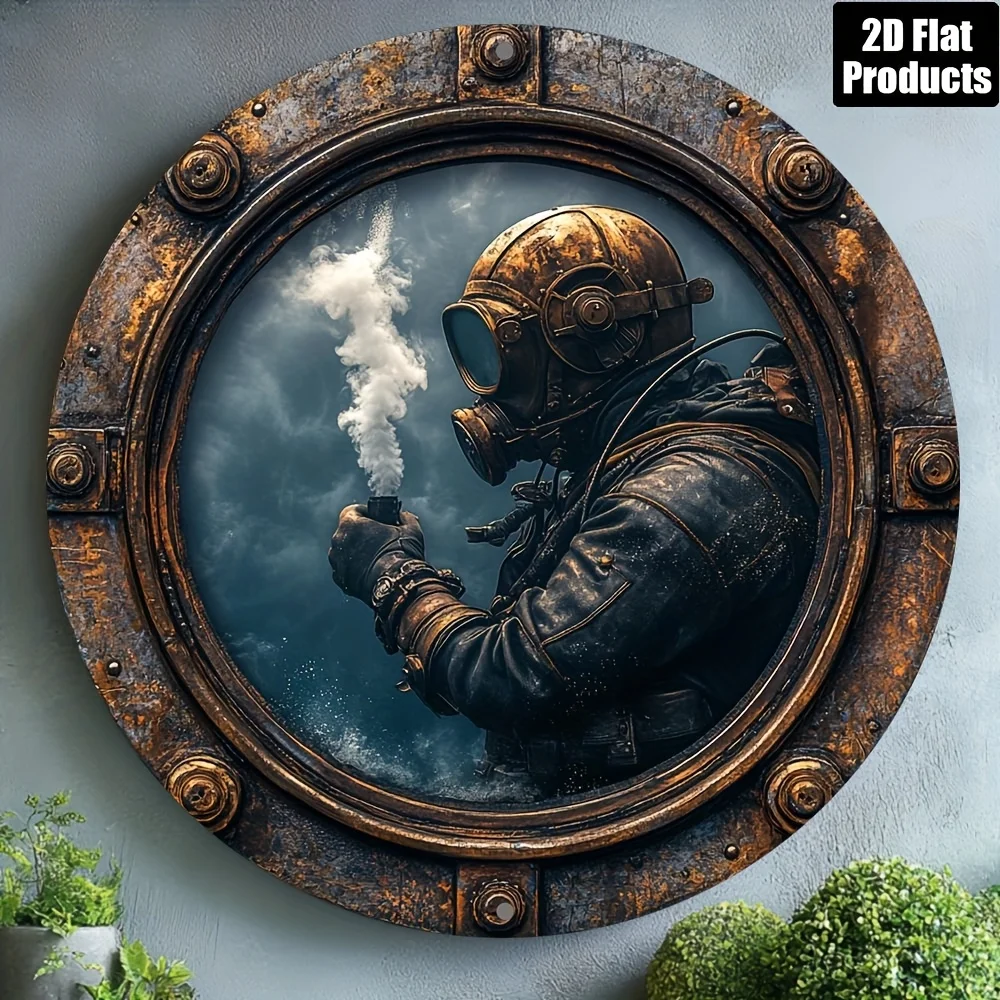 Steampunk Vintage 2D Flat High Definition Metal Wall Art Sign Retro Diver with Goggles Smoking Pipe in Porthole Embossed Iron Pa