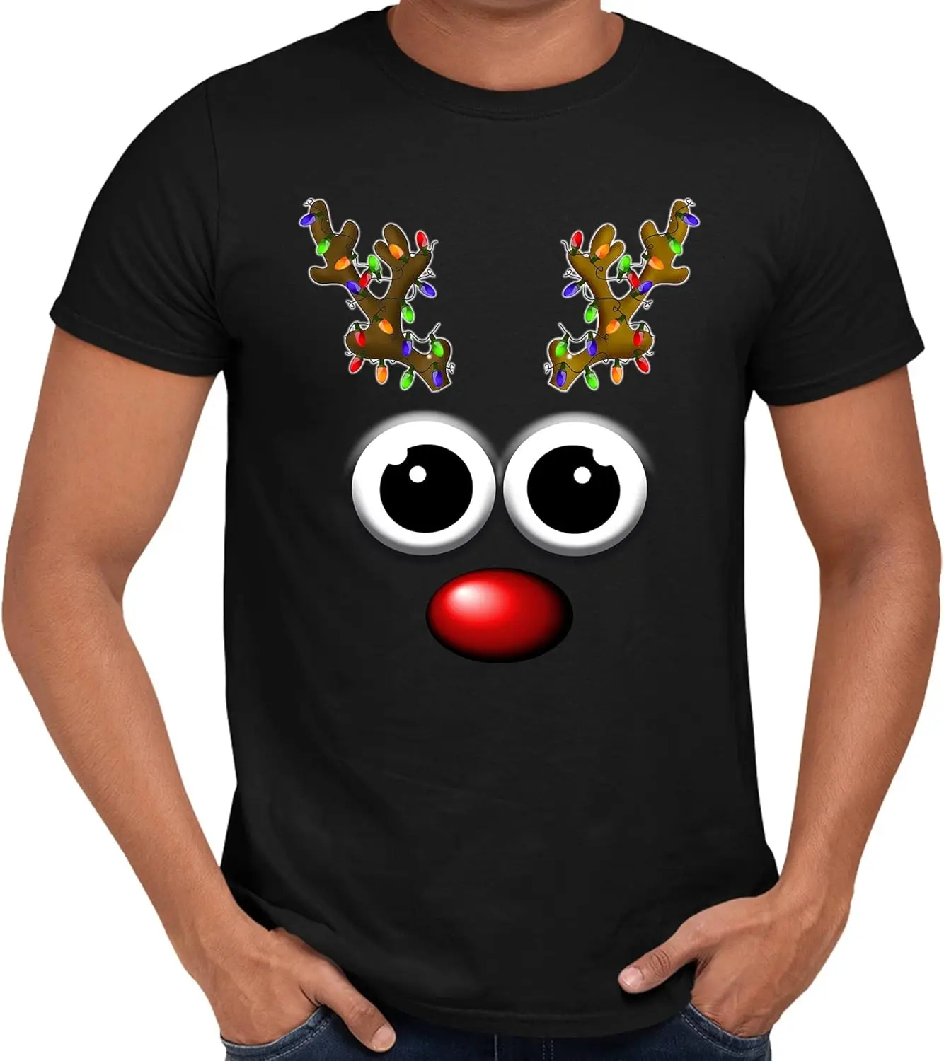 Christmas Tshirt Funny Reindeer Face Xmas Lights Family Pajamas Gift T-Shirt for Men Women