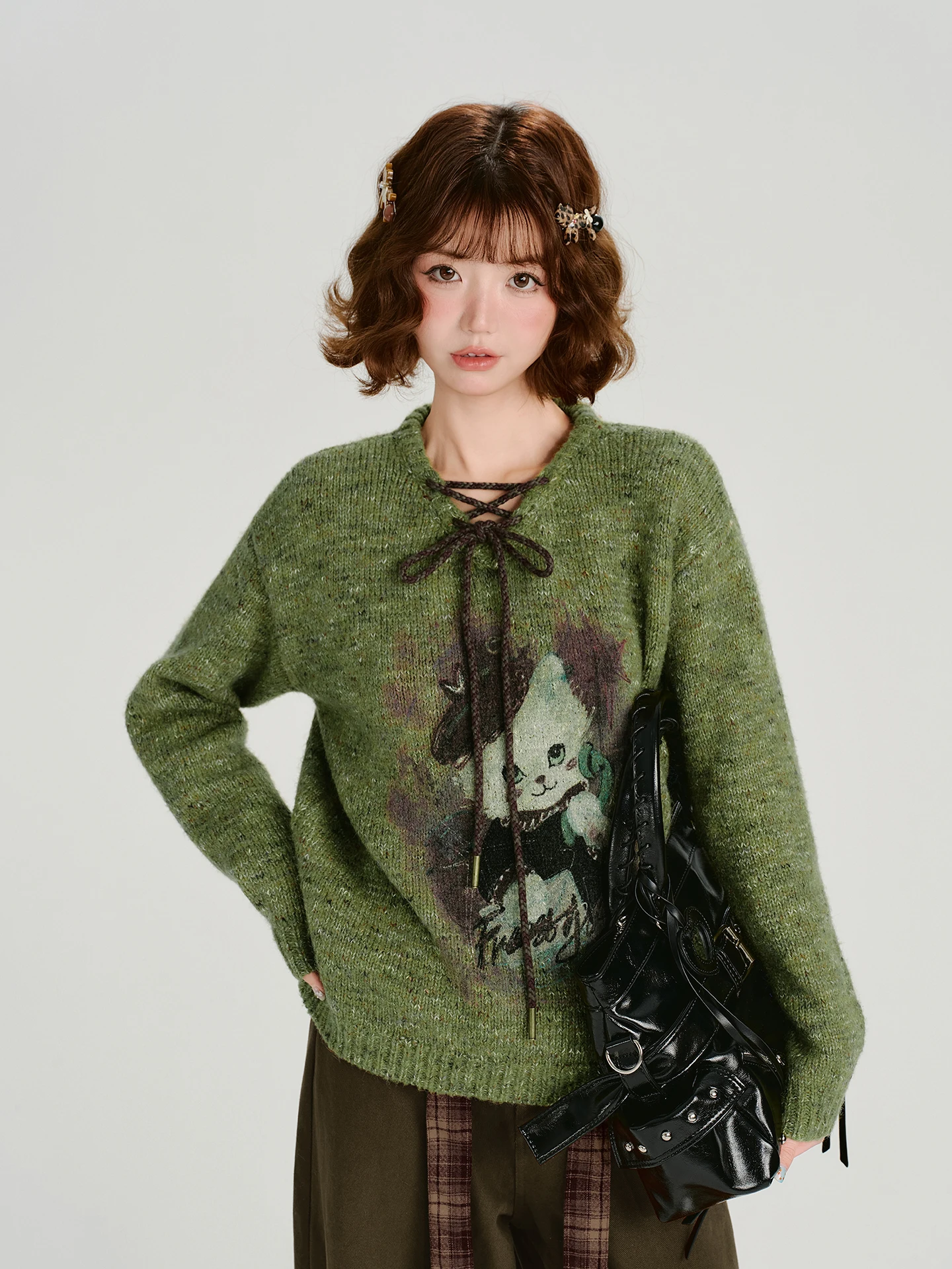 

Girly American Retro Print V-Ne Pullover Knitwear Loose Women's Autumn Winter New Sle Lazy Feelings Casual Faion