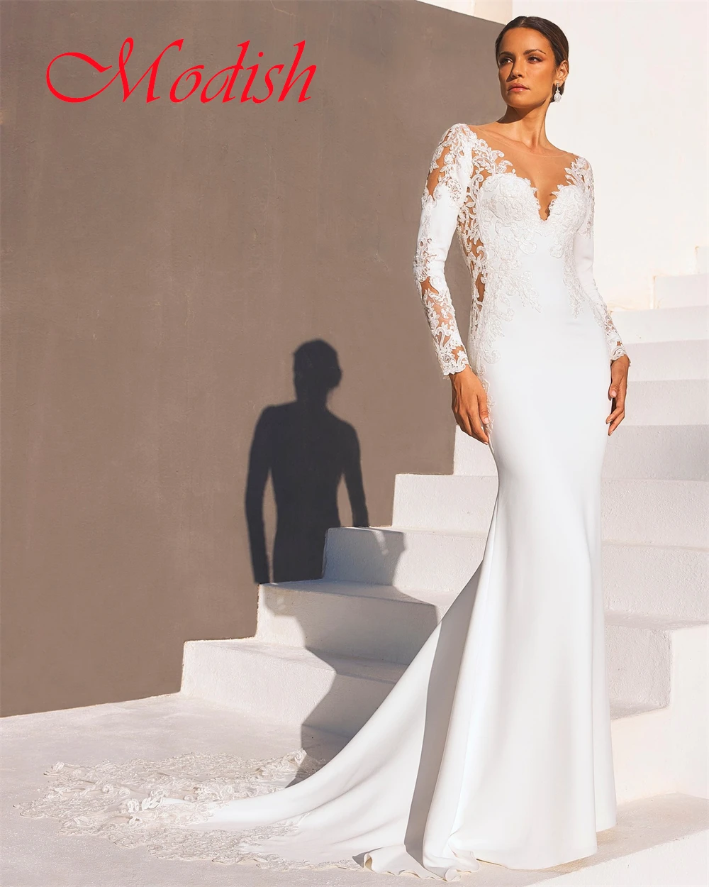Abito da sposa in jersey bianco puro personalizzato Delicato scollo a V maniche lunghe Robe de mariée Bottoni classici sul retro Vestido De Novia