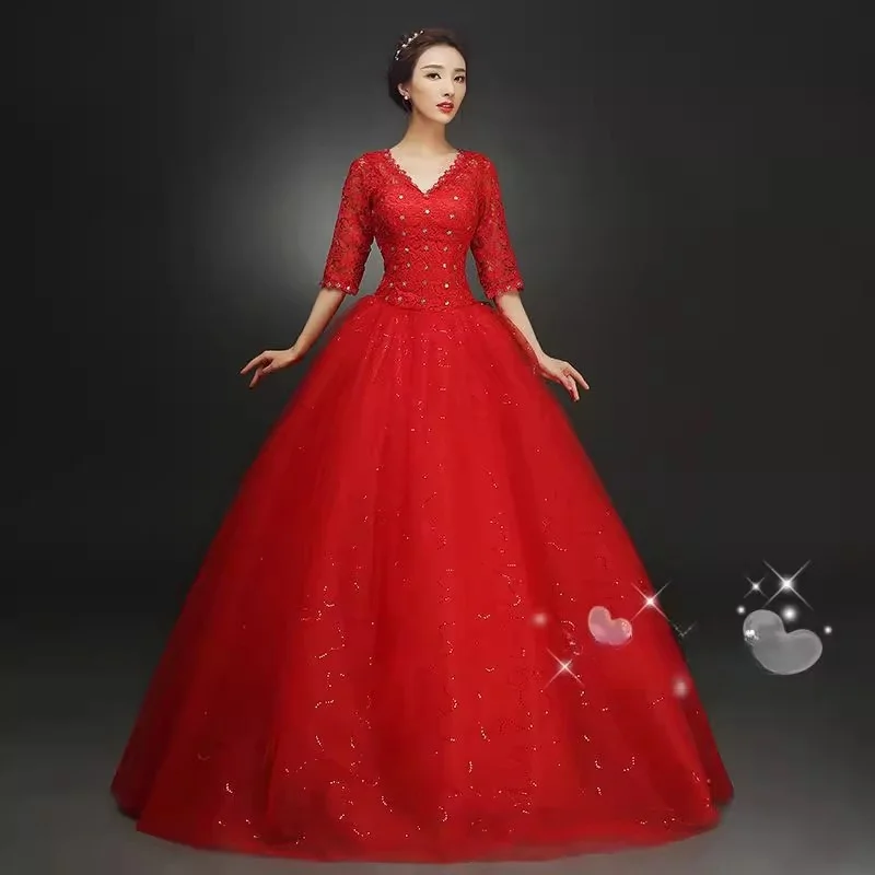 It\'s Yiiya Red Wedding Dresses Lace Crystal V-neck Half Sleeves Sequins Bling Princess Floor-length Plus size Bride Ball Gowns