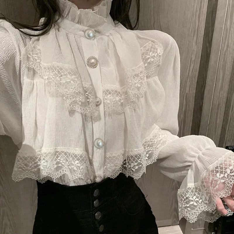 Blusa blanca de moda para mujer, camisas de gasa con cuello levantado, Blusas de encaje con volantes de manga larga Vintage, Tops 2023