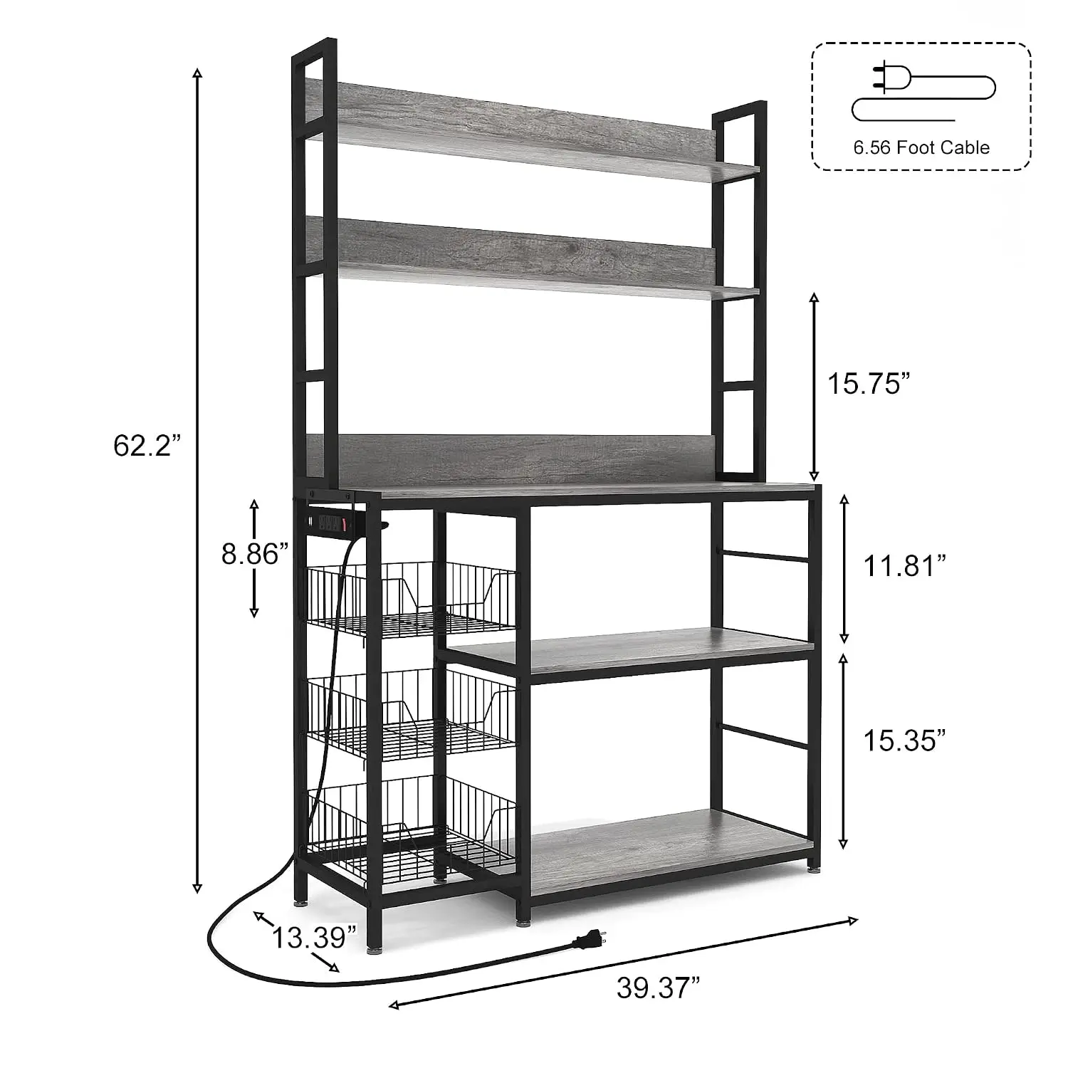 Kitchen Bakers Rack with Baskets and Power Outlet,5-Tier Kitchen Utility Storage Shelf with Hooks, Microwave Oven Stand Rack