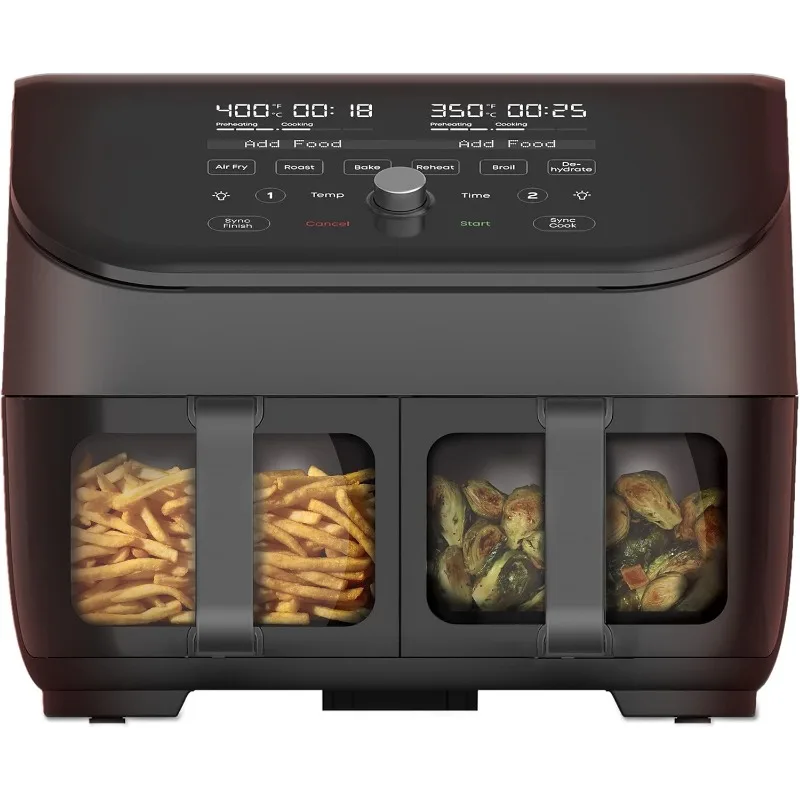 Air fryer, transparent window, custom programming, 8 in 1 functions, crisping, roasting, baking, dehydrating, baking, reheating