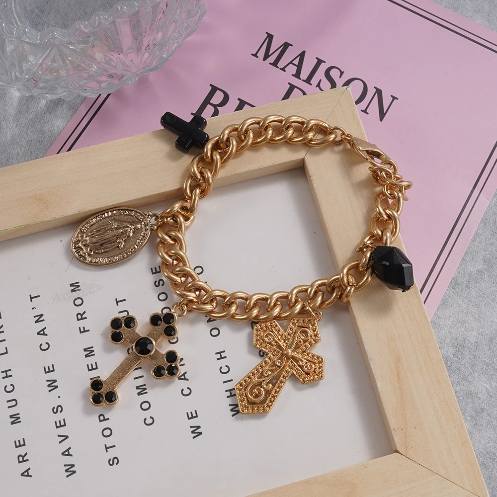 سوار سلسلة ذهبي عتيق مع سحر متقاطع متعدد لهجات كريستال سوداء دينية مريم العذراء قلادة بوهو قوطي #5