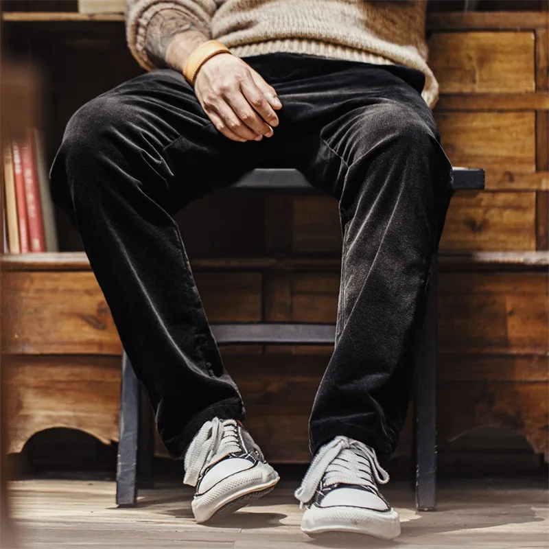 Maden Retro Khaki Corduroy Pants Elastic Waist Casual Straight-leg Long Pants Versatile Loose Fit Trousers for Spring and Autumn