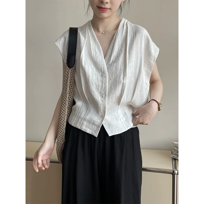 

CALYMIX 2025 V-neck Pleated Fly Sleeve Top For Women Sleeveless Camisole Shirt