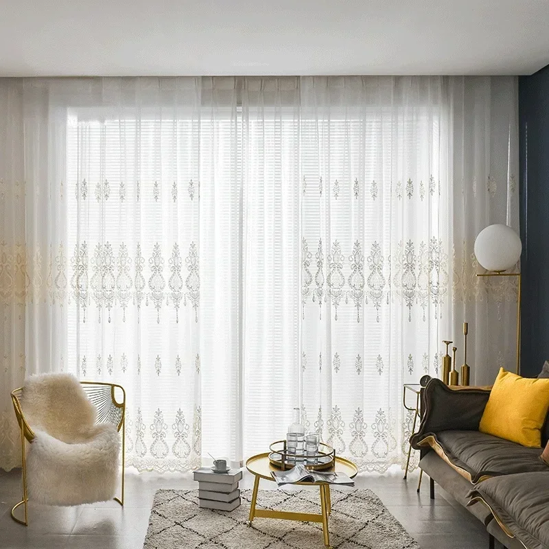 

American Style Tulle Curtains for Living Room Embroidered Window Screen Light Luxury Bedroom Balcony White Yarn Sheer Curtain