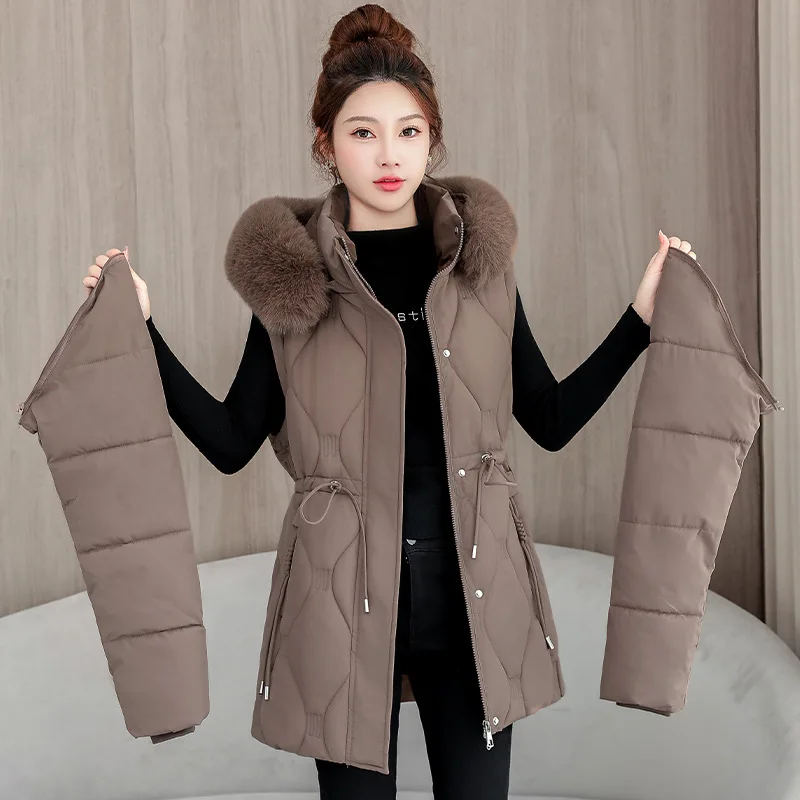 

Sleeve Cap Removable Cotton Vest Women Parkas High-end Mid Long Cotton-padded Jacket Large Fur Collar Jacket Female Outerwear