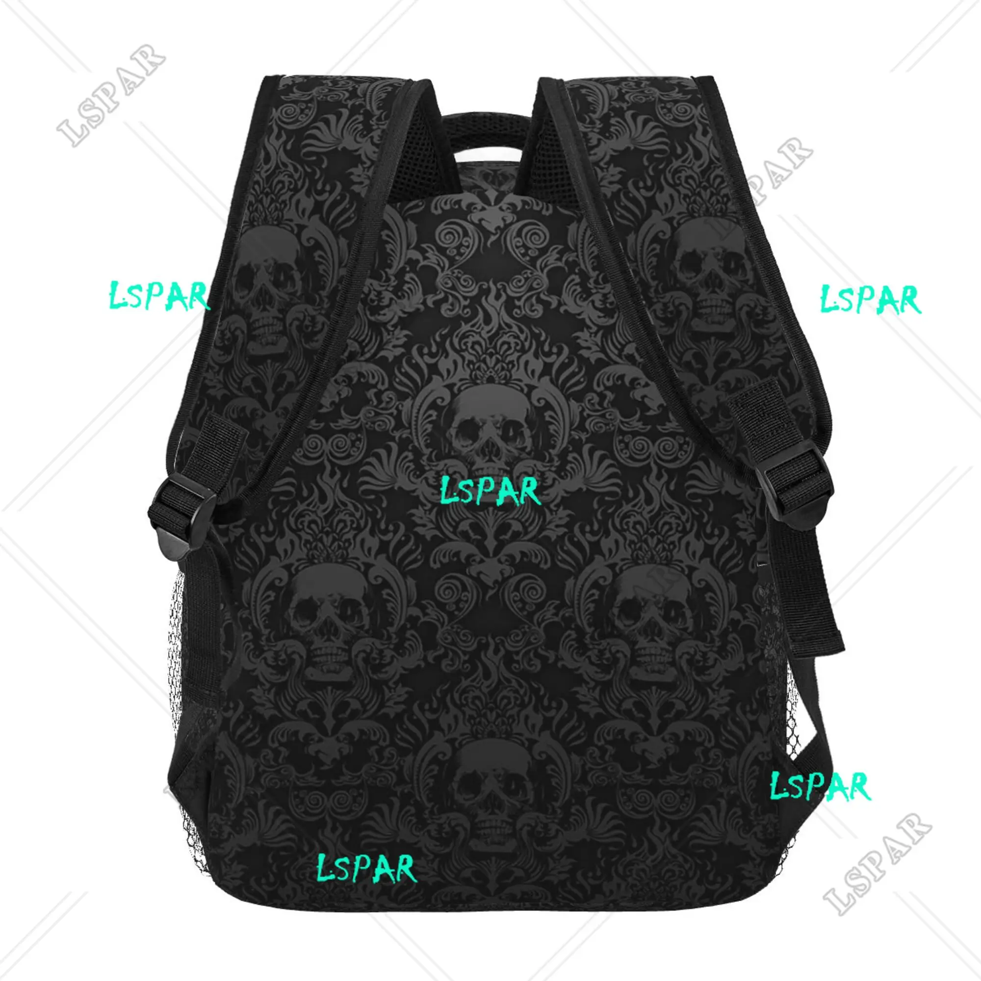 Goth Gothic Black Skull Damask Pattern Backpack Unisex Casual Laptop Backpacks School Bookbag Travel Hiking Camping Daypack