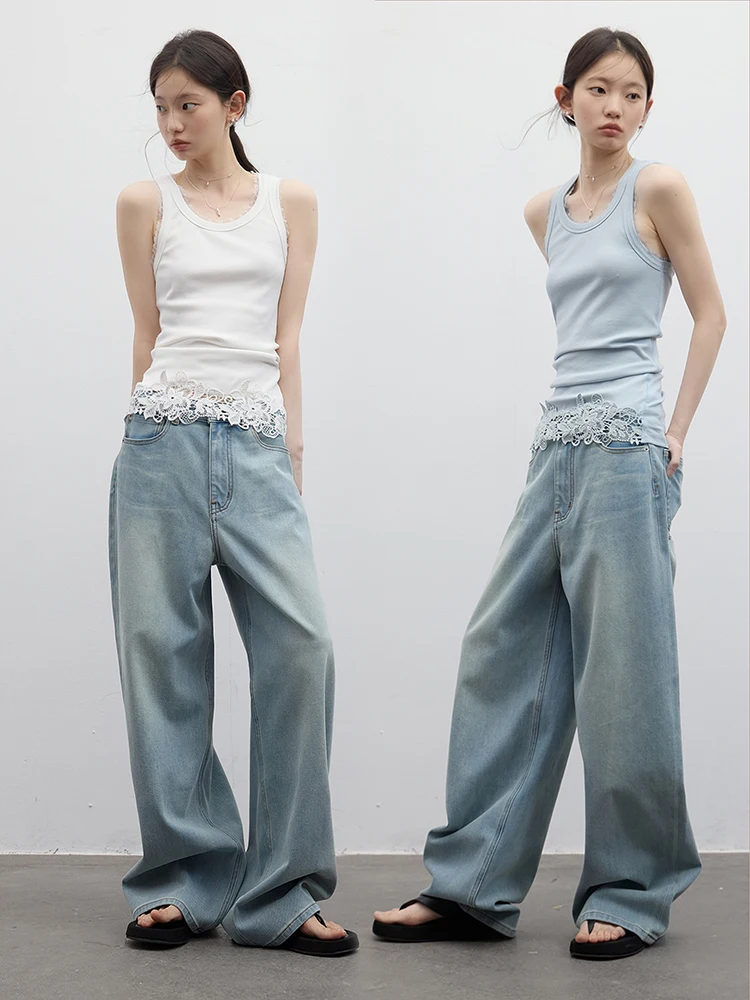 Fussed Heavy-Work Knitted Vest Playful Time Embroidery Hollow out Loose Feel Lace Trim Slim Fit Mid-Length  Color