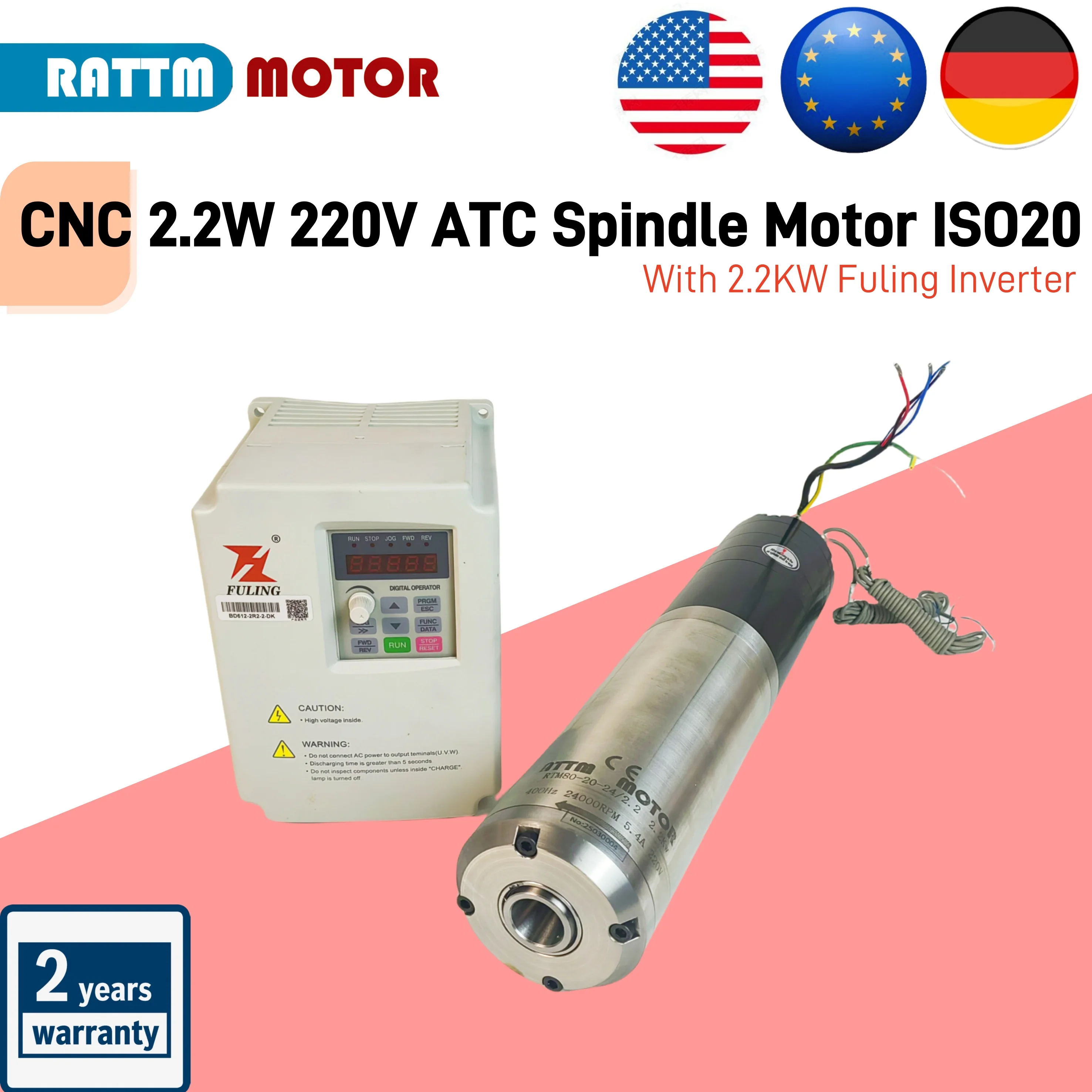 CNC 2.2W 220V ATC Spindle Motor ISO20 80mm Permanent POWER Water Cooled Spindle & 2.2KW Fuling Inverter for CNC Router Machine