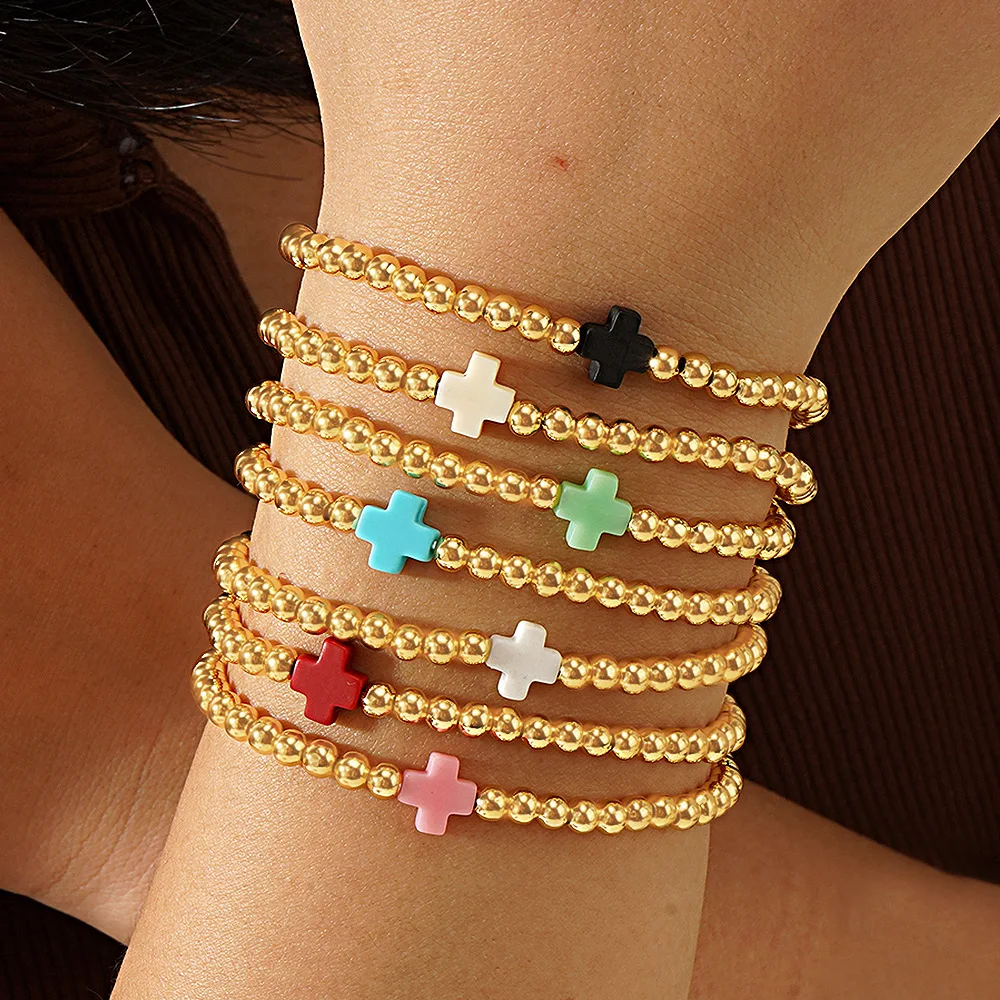 1PC Bohemian style women\'s bracelet with colorful cross copper beads and bead beads, suitable for layering and daily gift giving