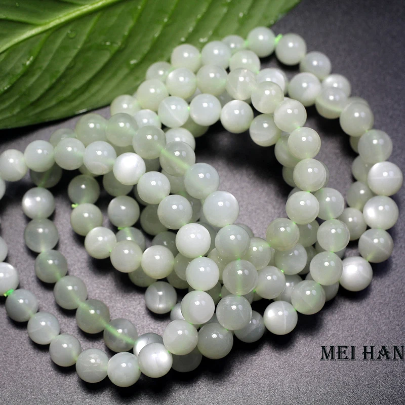 Meihan Wholesale Natural Genuine AAA Rainbow Green Moonstone Smooth Round Beads For Jewelry DIY Making