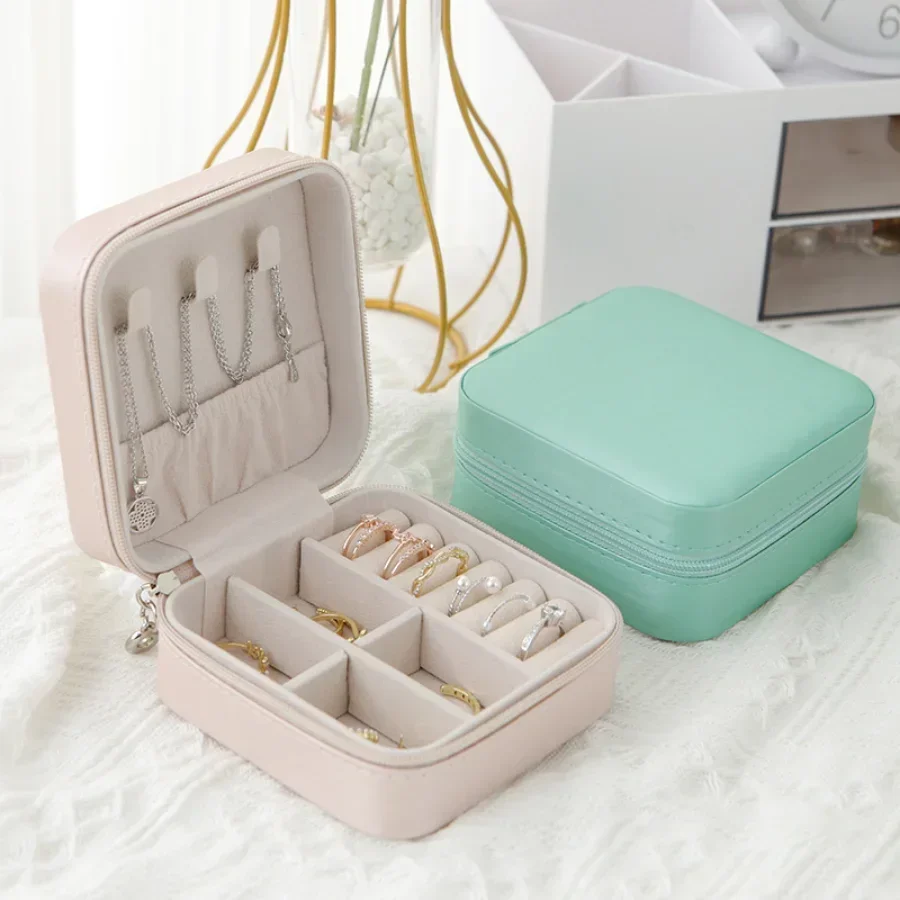 1PCS Mini Jewelry Organizer Display Travel Jewelry Zipper Case Boxes Earrings Necklace Ring Portable Jewelry Box Leather Storage