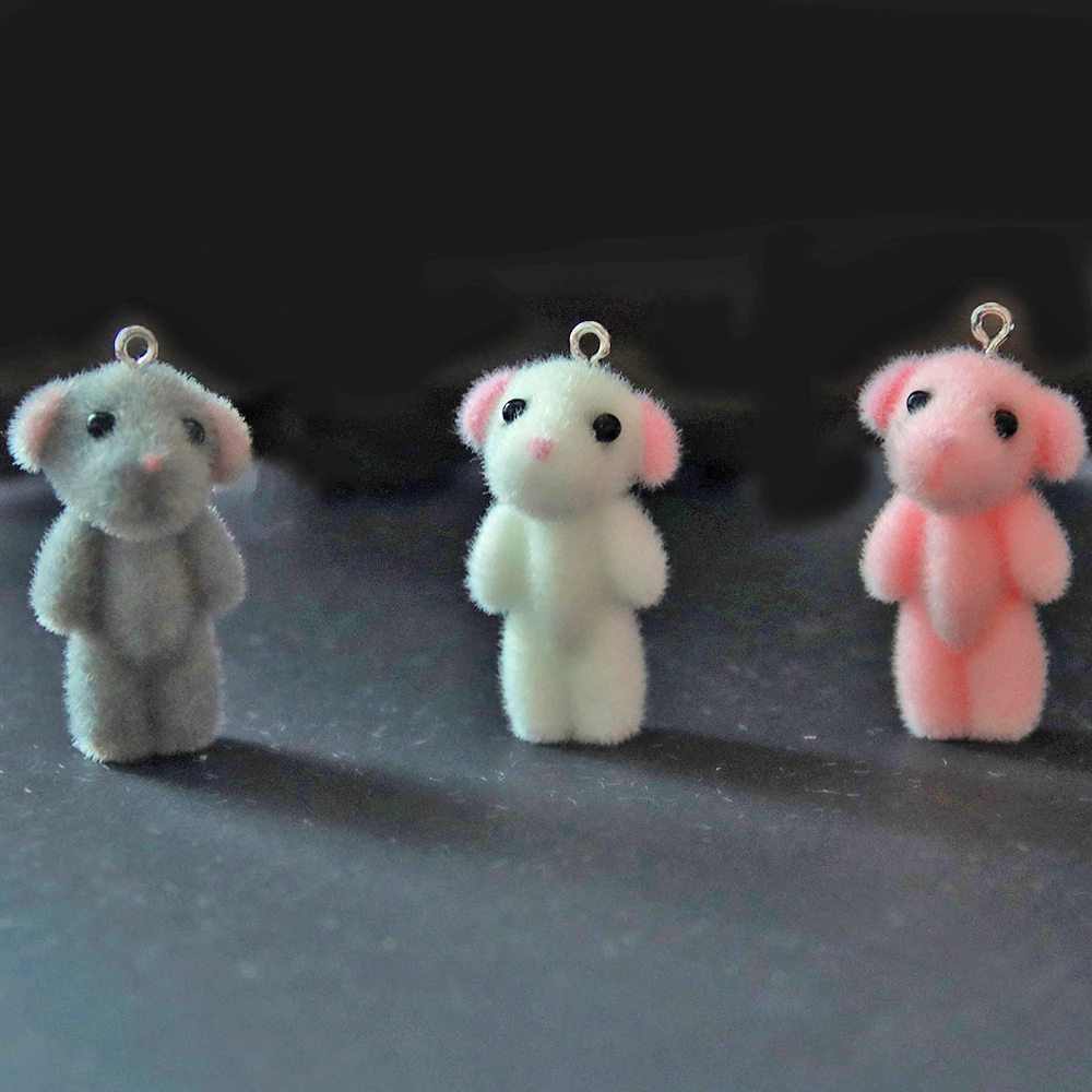 Diy 30Pcs 3D Kawaii Bear Flocking Charms Cartoon Animal Resin Pendant for Keychain Necklace Earrings Accessories Making Material