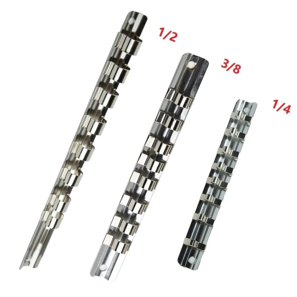 Socket Rack Holder 1/4 3/8 1/2inch With 8 Clips On Rail Tool Organizer Storage Wall Mounted Iron Silver Drive Socket Rails Hold