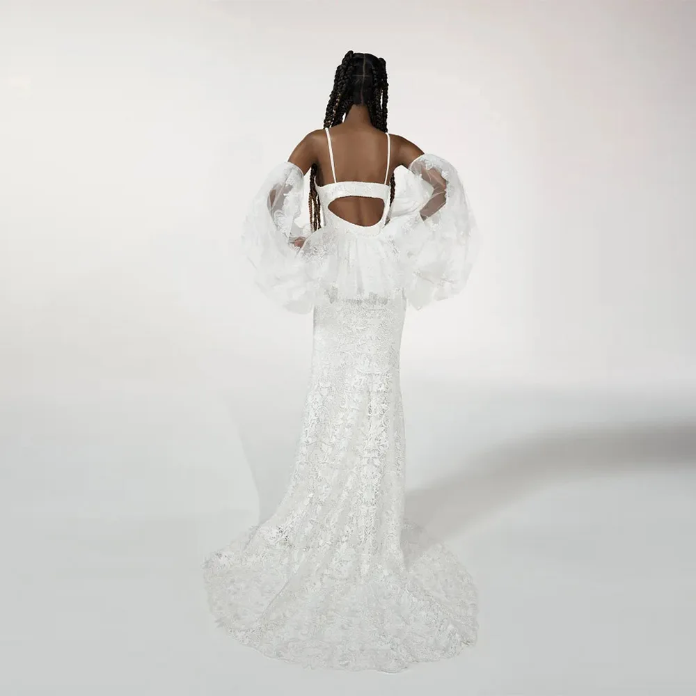 Robes de mariée sirène en dentelle, personnalisées, romantiques, manches bouffantes, jolies robes de mariée de fête pour femmes, 2025