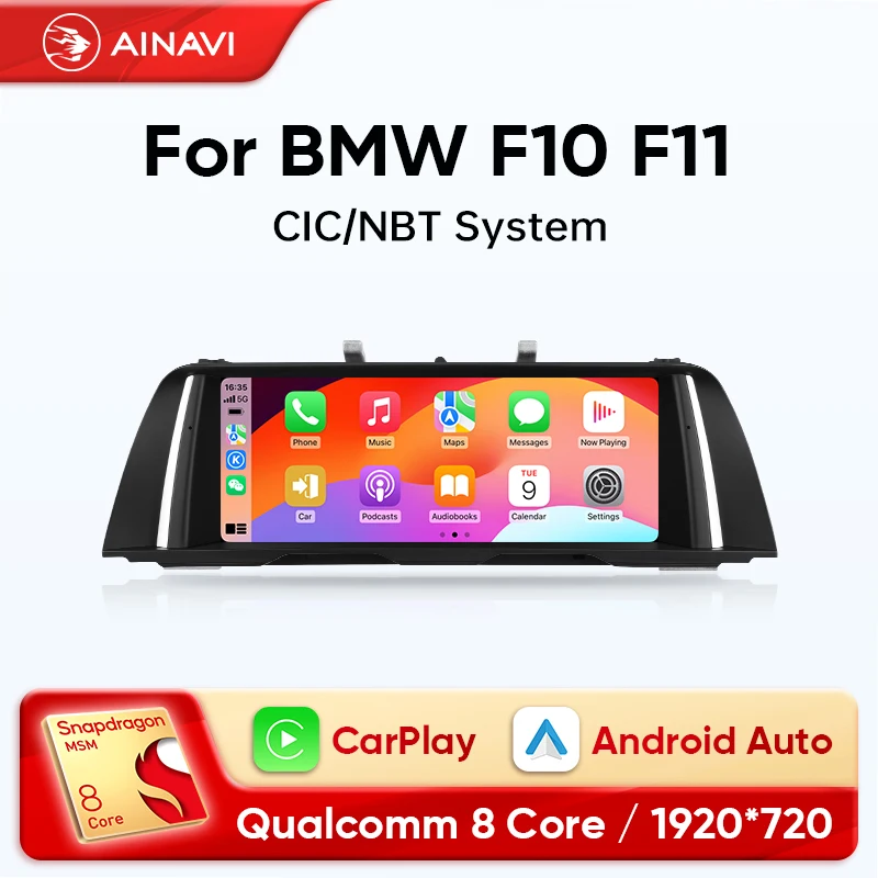 Autoradio AINAVI pour BMW F10 F11 2011-2016 Série 5, Carplay sans fil, Android Auto, Qualcomm 4G, écran tactile HD IPS multimédia