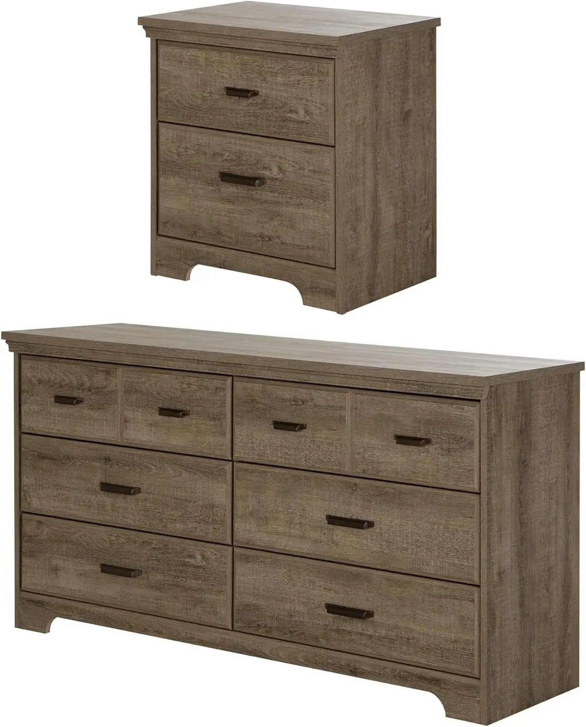 6-Drawer Double Dresser and 2-Drawer Nightstand Weathered Oak Modern metal handles in an Antique Copper Finish