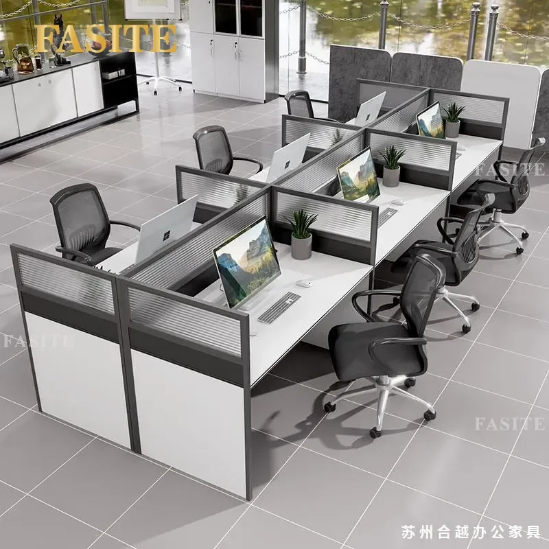 For 4/6 Person Office Desk with Screen Partition Simple Staff Workstation Table and Chair Combination Modern Card Seat