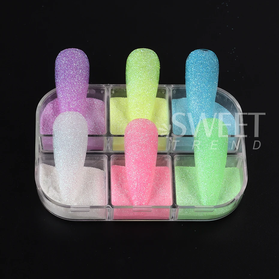 6 Grids Iridescent Sugar Nail Glitter Glow-in-the-dark Candy Powder Pigment For Manicure Effect Shiny Dust Nail Art Decoration