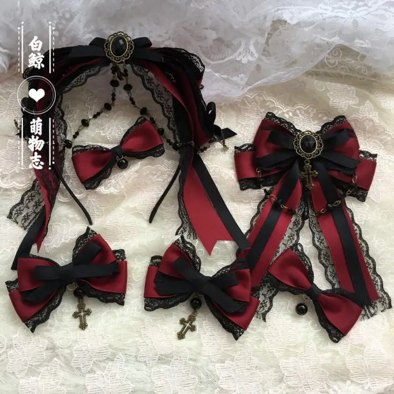 Original Goth style dark wine red Lolita small object bow hair clip Lolita headwear