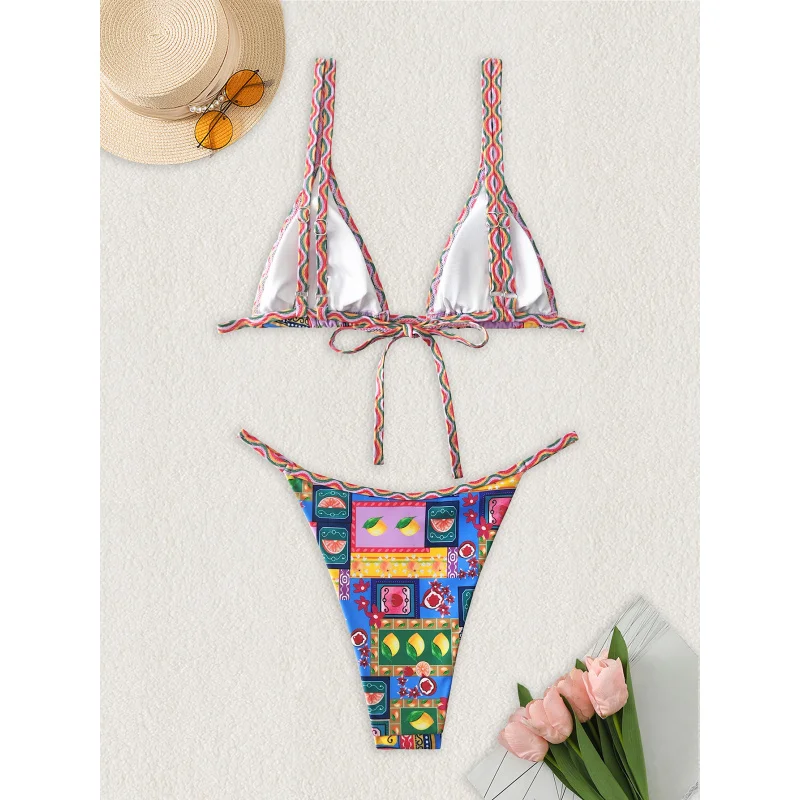 Neue Weiche Tasche Gedruckt Brust Metall Dekoration Dünnen Riemen Neckholder Krawatte Party Bikini Set Sommer Sand