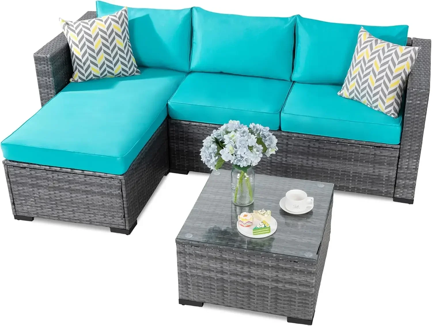 Rattan ao ar livre sofá secional com mesa de chá e almofadas, All-Weather Patio Móveis Sets, Upgrade