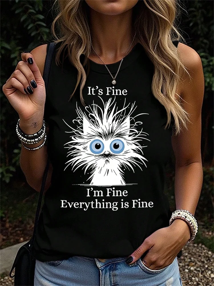 

Summer 2025 Women's Sleeveless Round-neck Vest With Black And White Funny Kitten Print Street Fashion Casual Wear