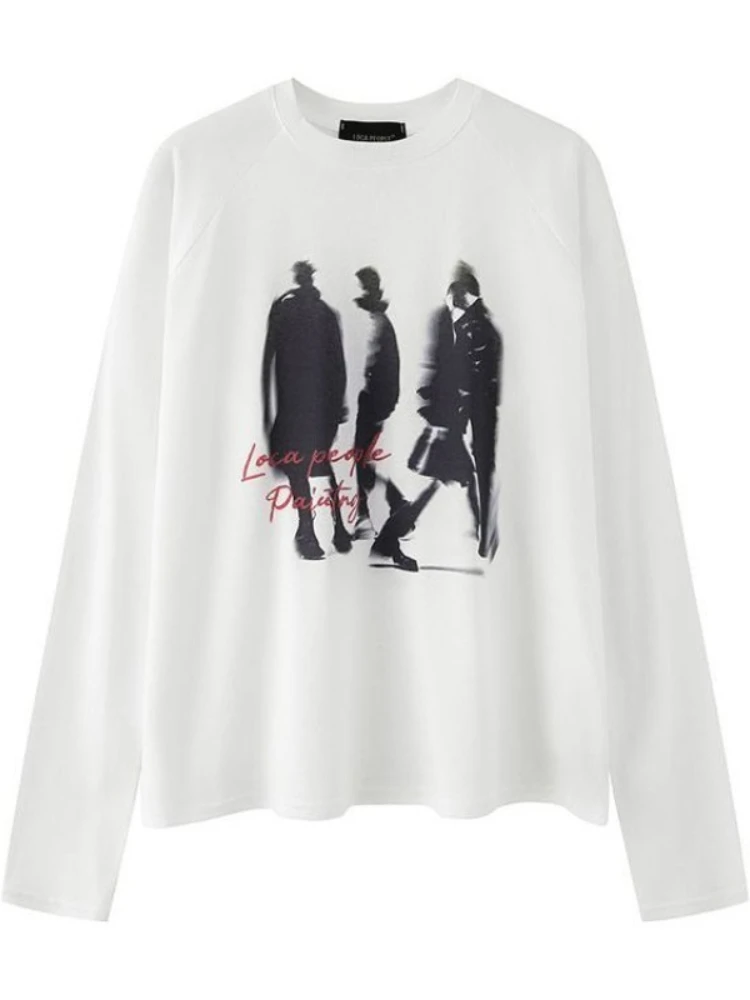 أمريكا الجرونج نمط كم طويل تي شيرت فريد مجردة الظل أبيض وأسود فضفاض صالح تيز ريترو الشارع الشهير للجنسين قمة الموضة #4