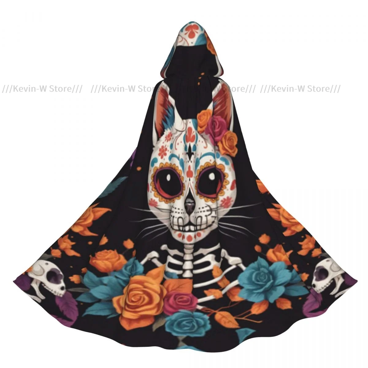 Unisex Witch Party Reversible Hooded Adult Vampires Cape Cloak Day Of The Dead Poster Cat Skulls And Skeletons